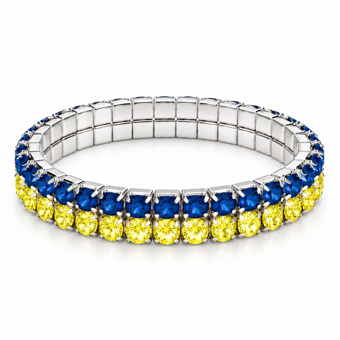 Two-row blue and yellow rhinestone stretch bracelet