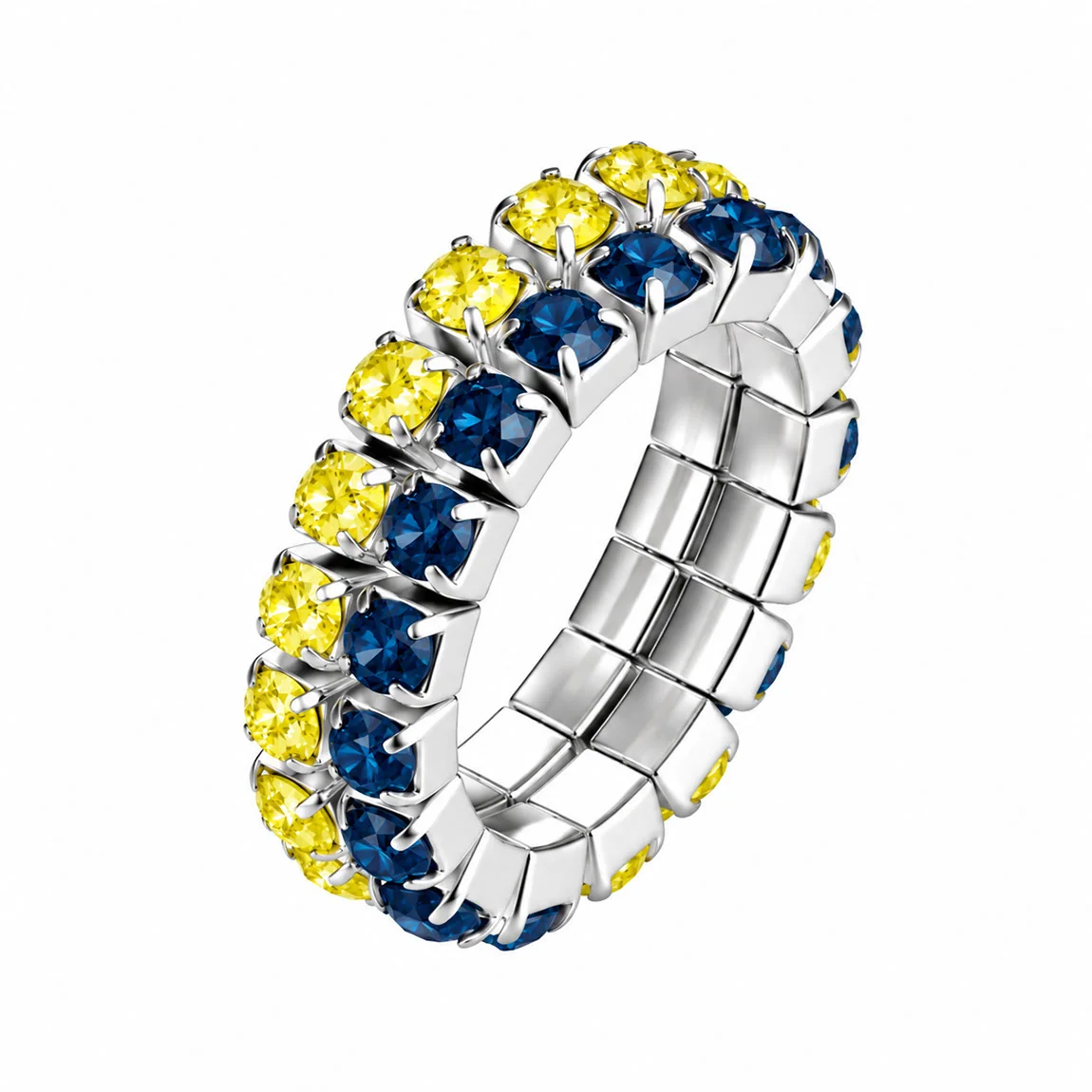Two-row blue and yellow rhinestone stretch ring