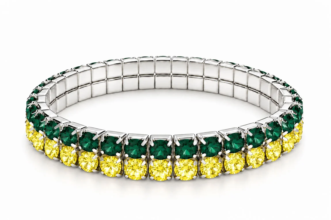 Two-row green and yellow rhinestone stretch bracelet