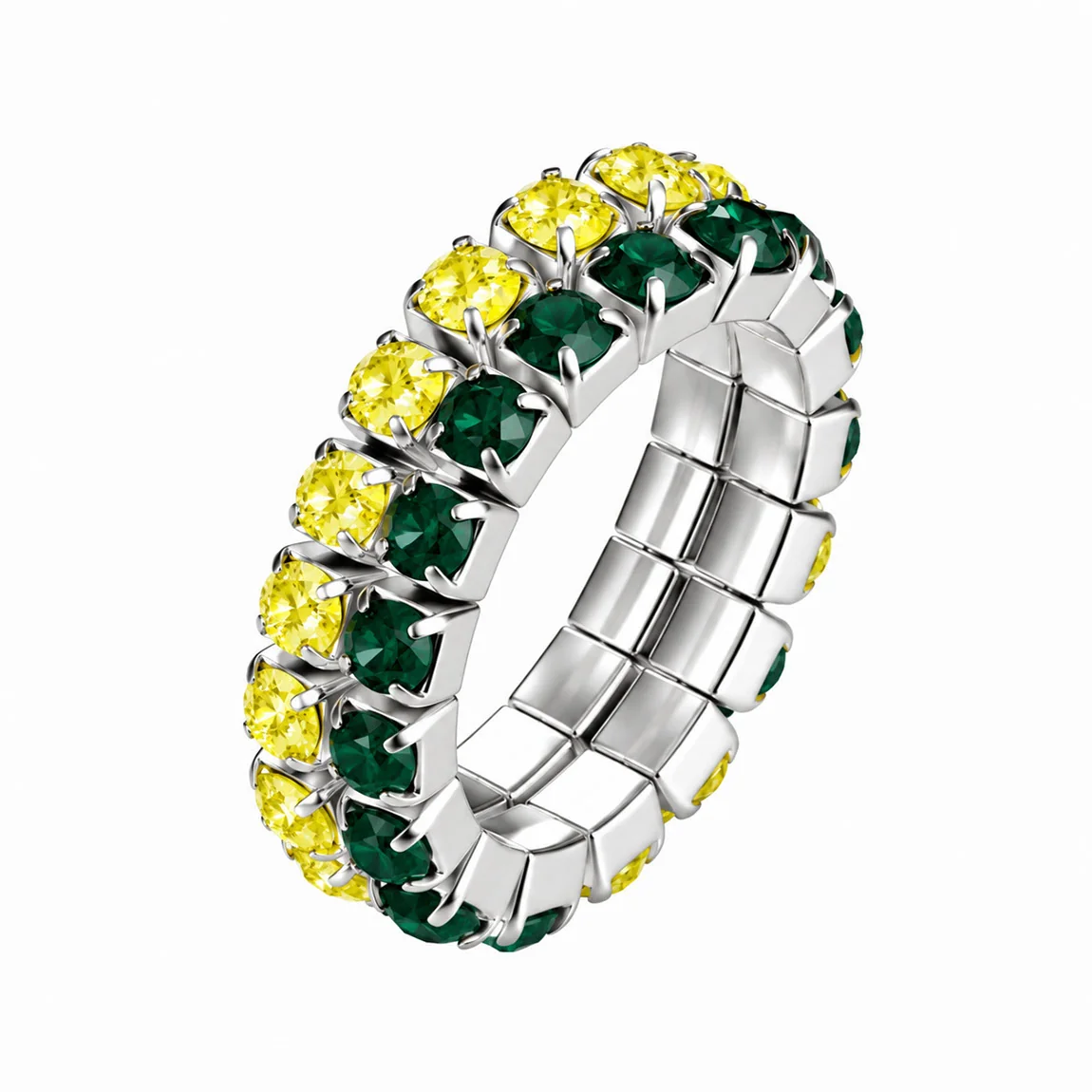 Two-row green and yellow rhinestone stretch ring