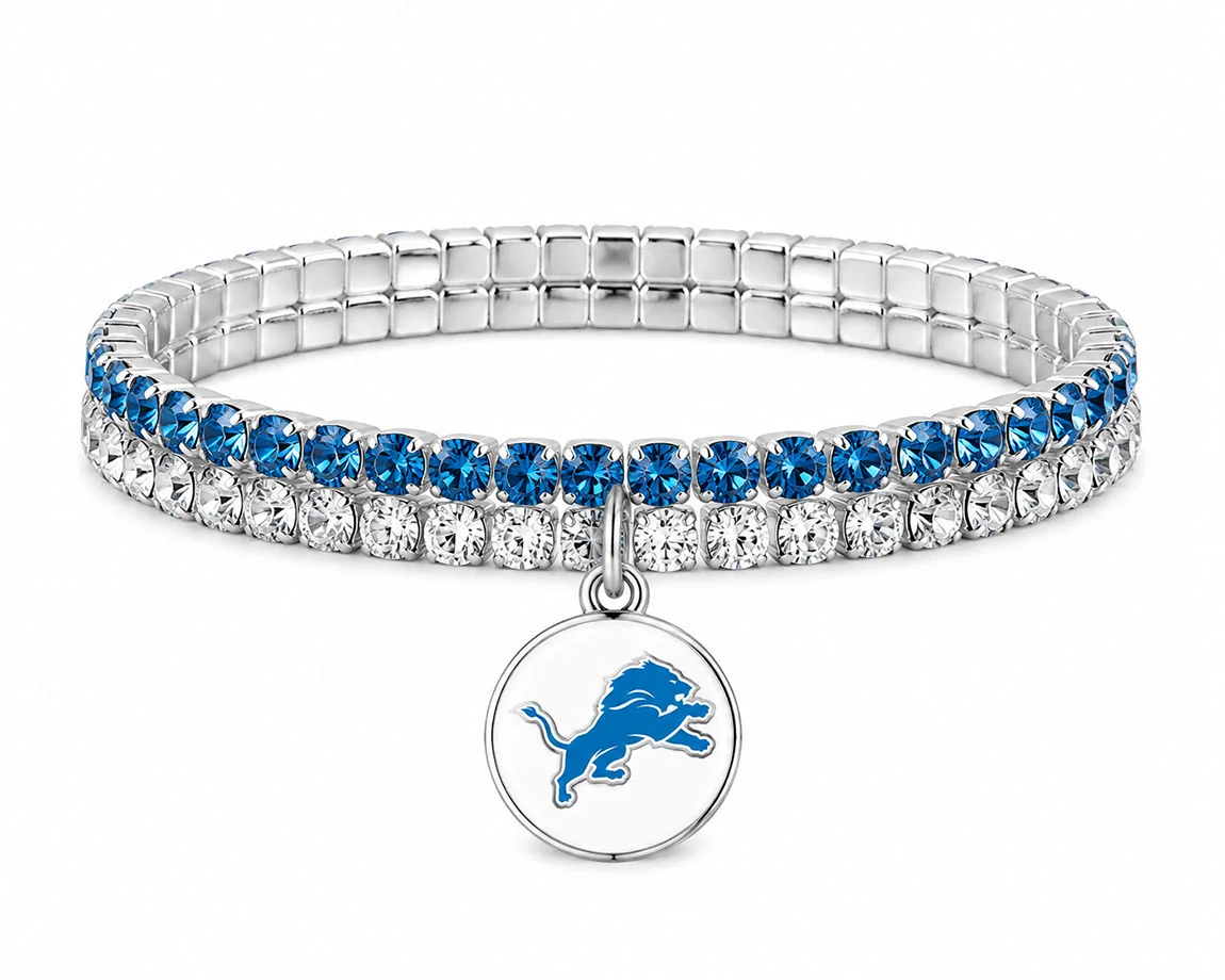 Blue and clear rhinestone bracelet with Detroit Lions charm