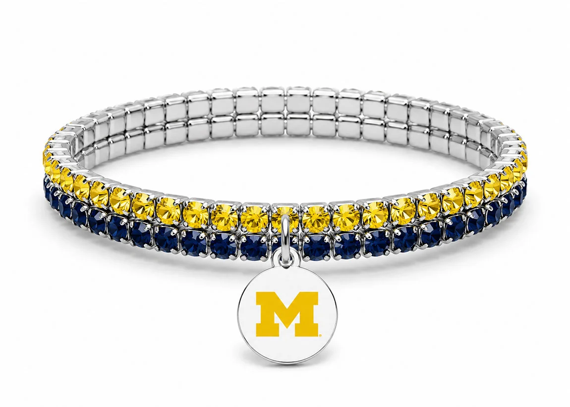Yellow and navy rhinestone bracelet with Michigan M charm