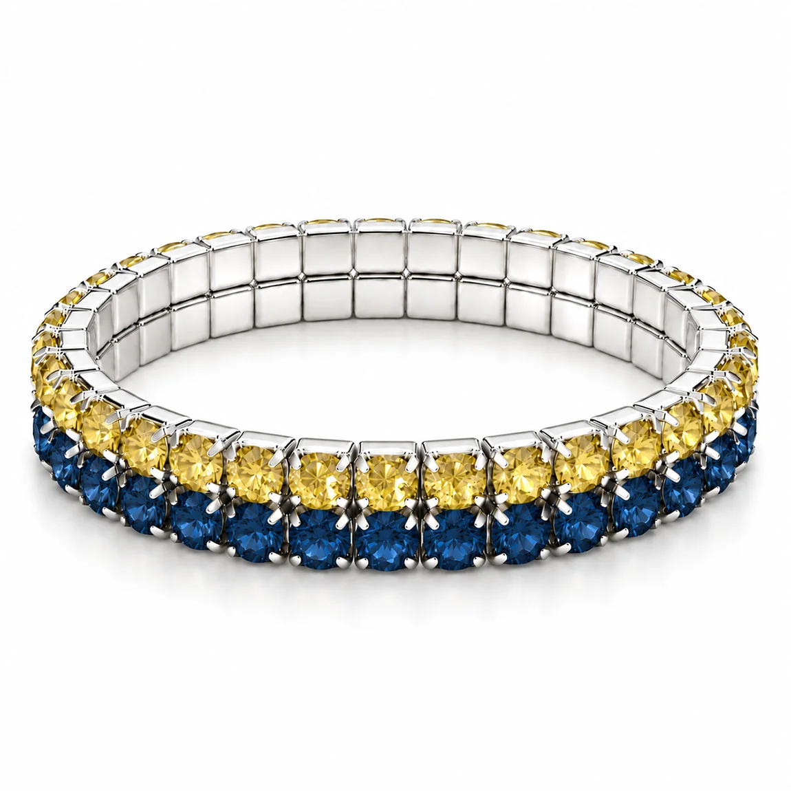 Two-row navy and pale yellow rhinestone stretch bracelet