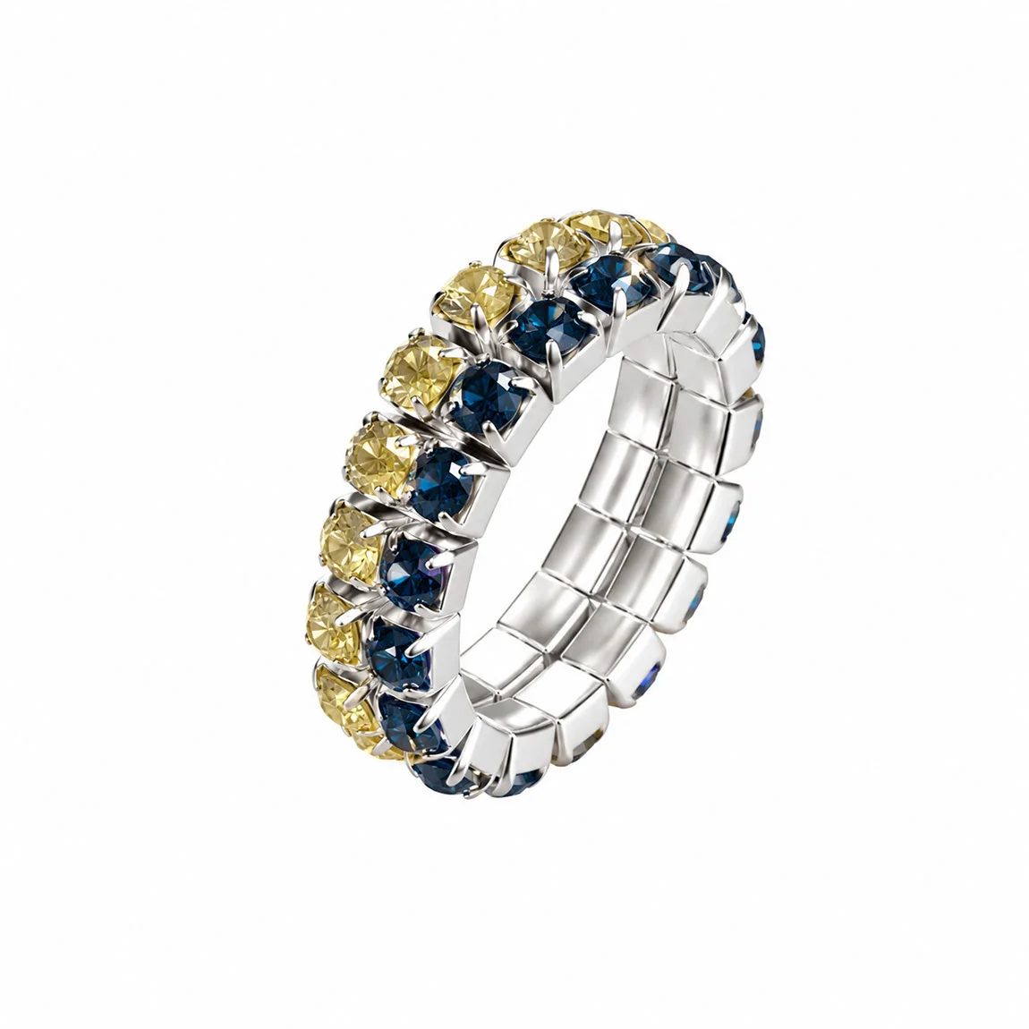 Two-row navy and pale yellow rhinestone stretch ring