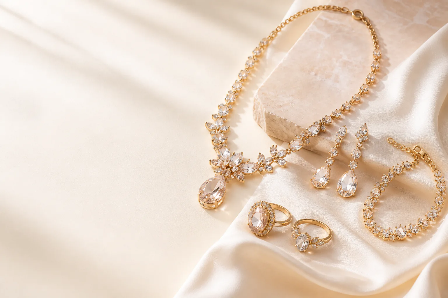 Gold-tone crystal jewelry assortment arranged on ivory silk