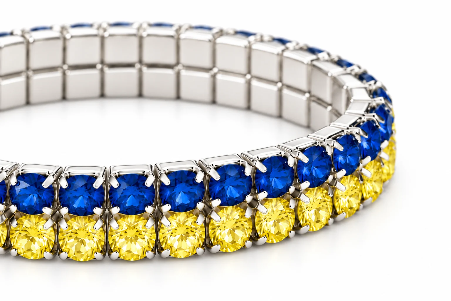 White-background macro visualization of blue and yellow rhinestone settings