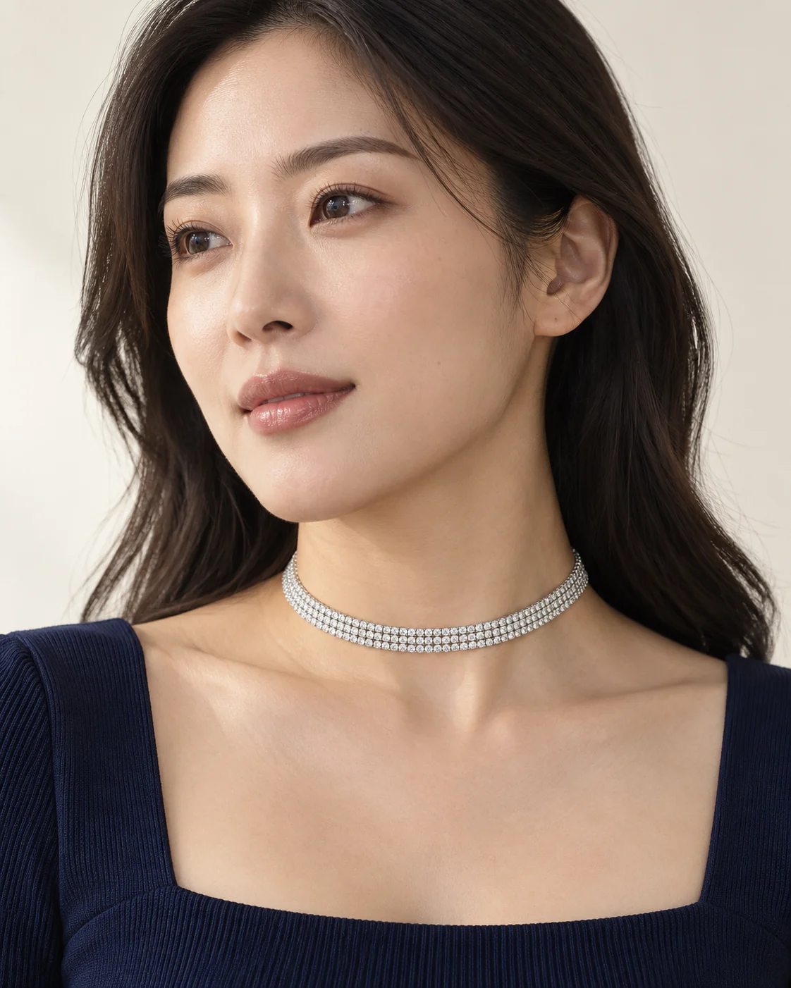 AI styling portrait with a three-row clear rhinestone choker