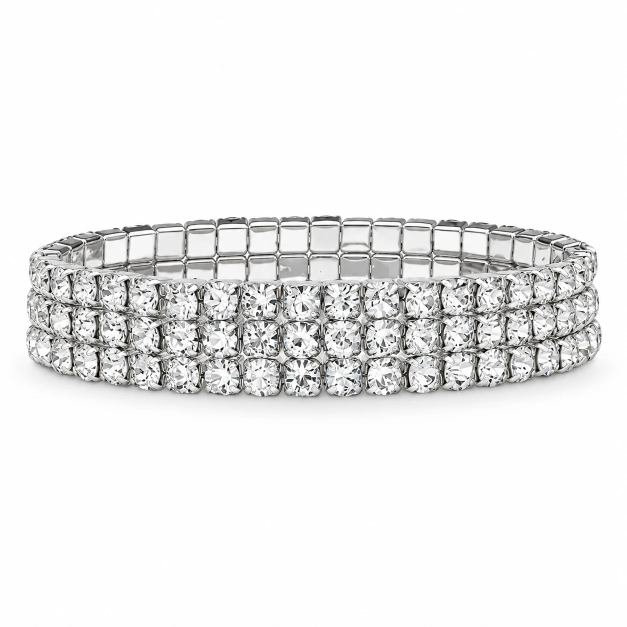 Retouched three-row clear rhinestone bracelet on white