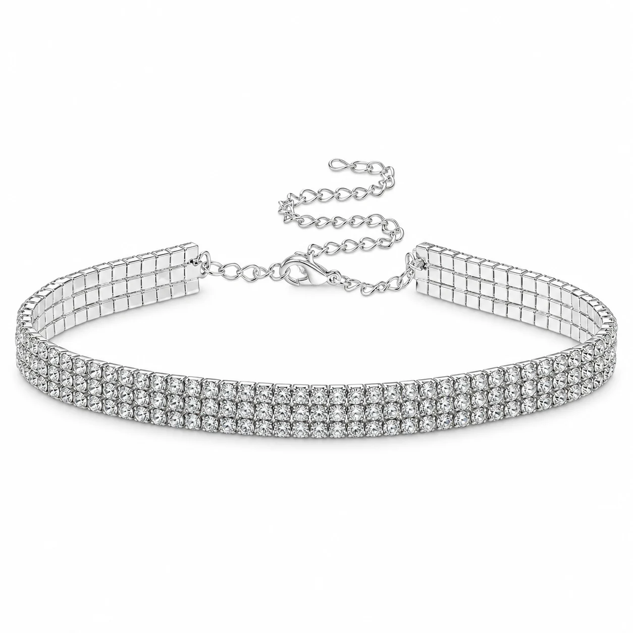 Retouched three-row clear choker with clasp and extender on white