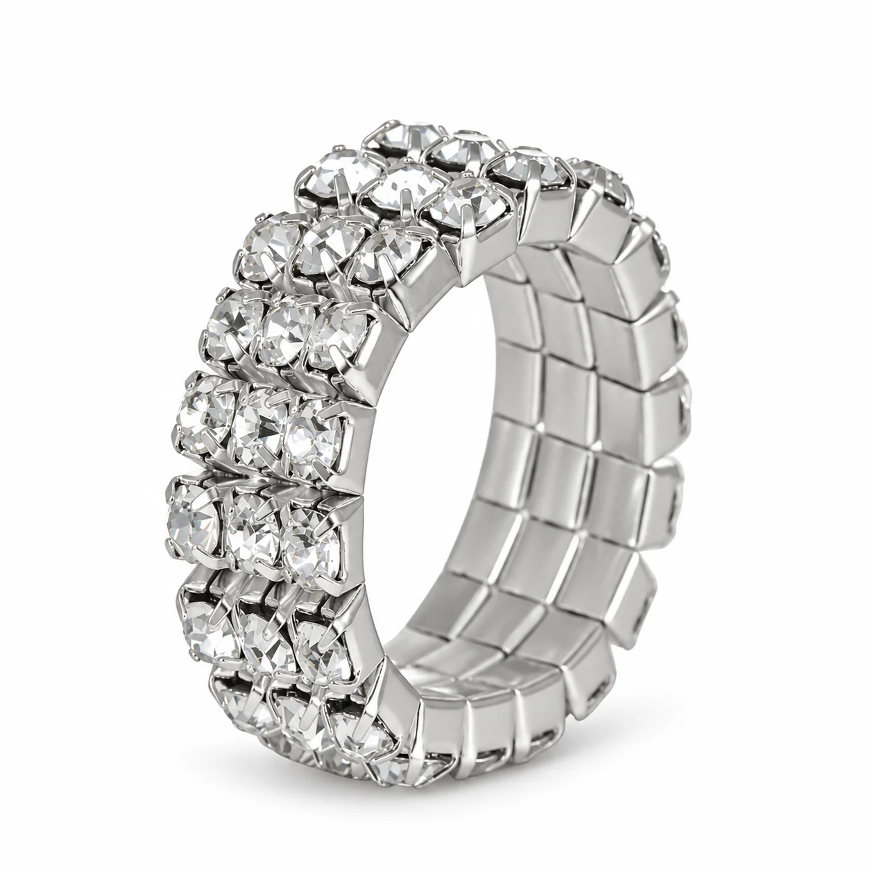 Retouched three-row clear rhinestone ring on white