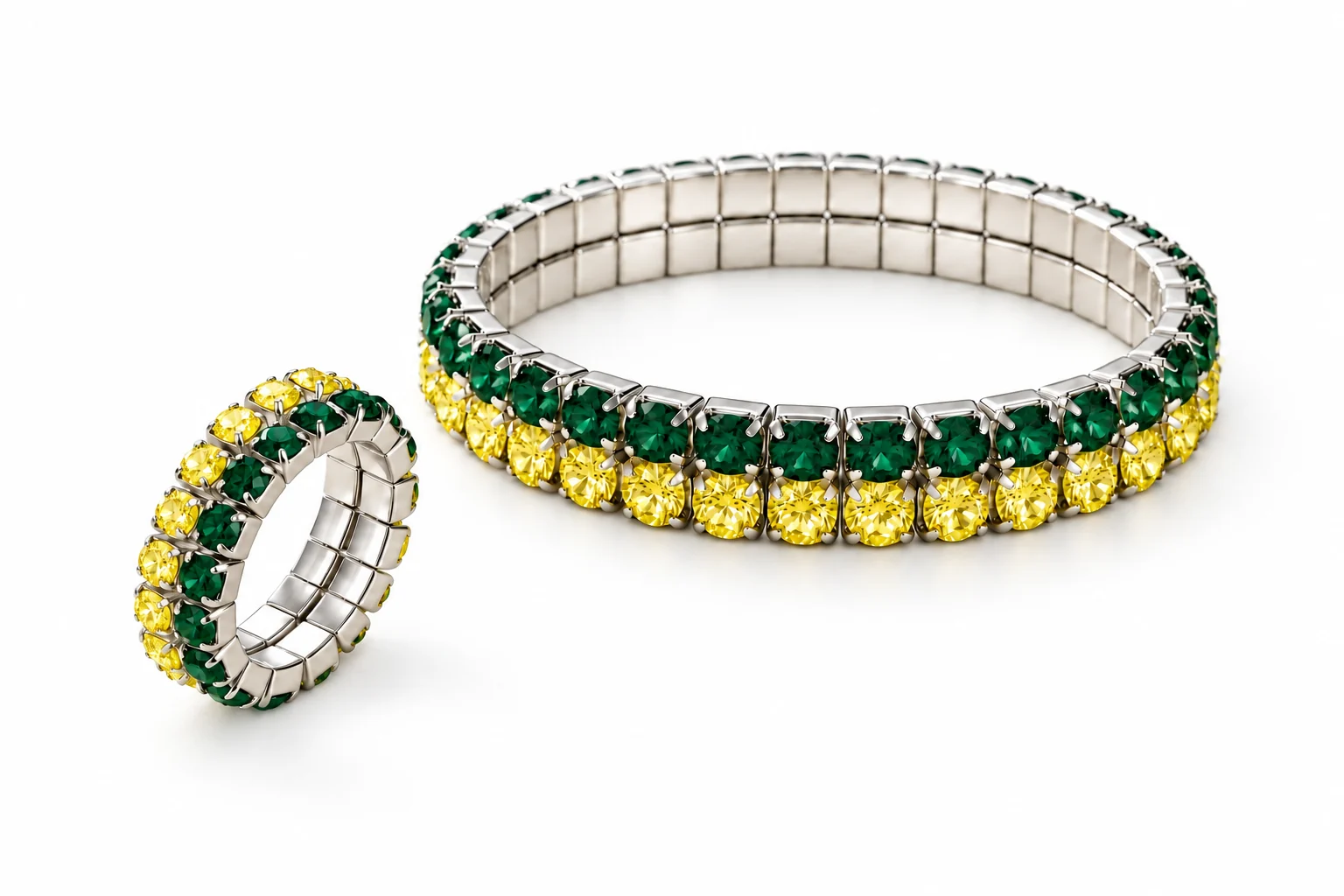 White-background studio visualization of a green and yellow stretch bracelet and ring
